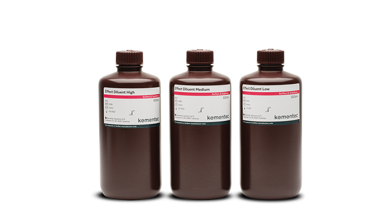 Three big brown laboratory bottles with Kementec Solutions Effect Diluent Kit