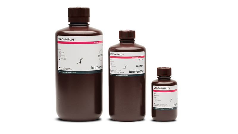 Three brown laboratory bottles in different sizes with Kementec Solutions UNI-StabilPLUS