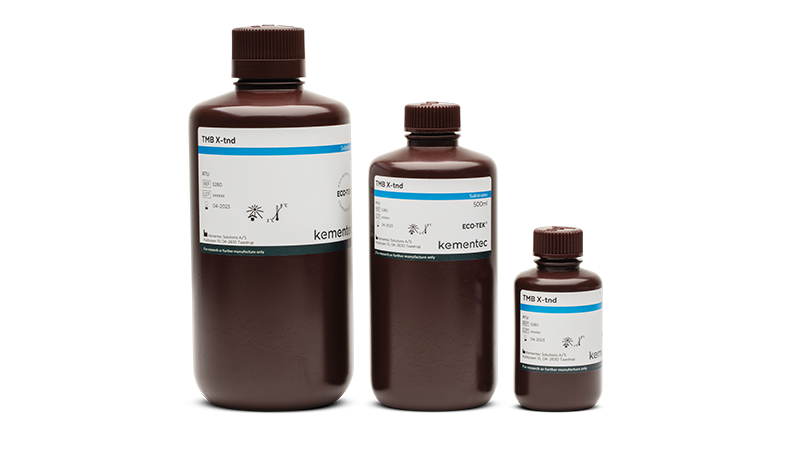 Three brown laboratory bottles in different sizes with Kementec Solutions TMB X-tnd