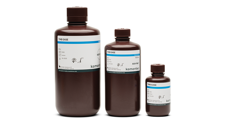 Three brown laboratory bottles in different sizes with Kementec Solutions TMB EASE