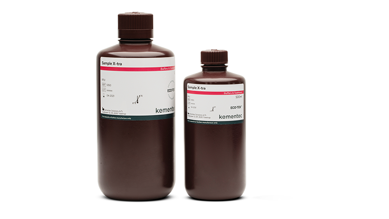 Two big brown laboratory bottles in different sizes with Kementec Solutions Sample X-tra