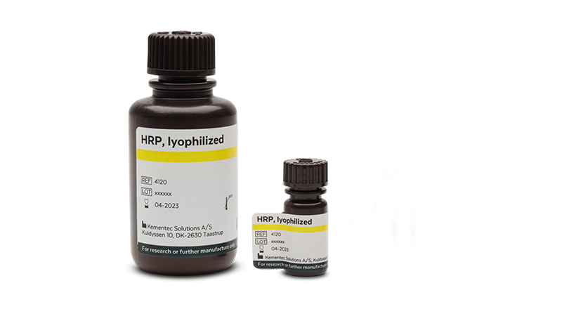 Two brown laboratory bottles in different sizes with Kementec Solutions HRP, lyophilized