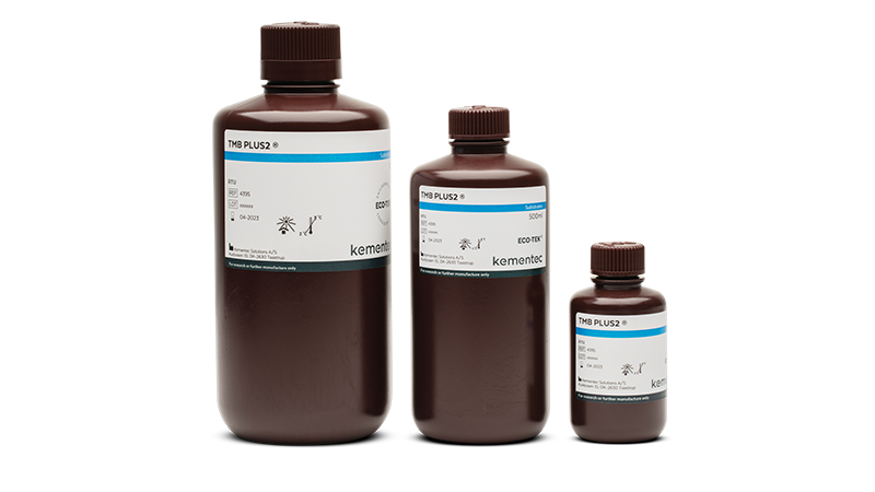 Three brown laboratory bottles in different sizes with Kementec Solutions TMB PLUS2