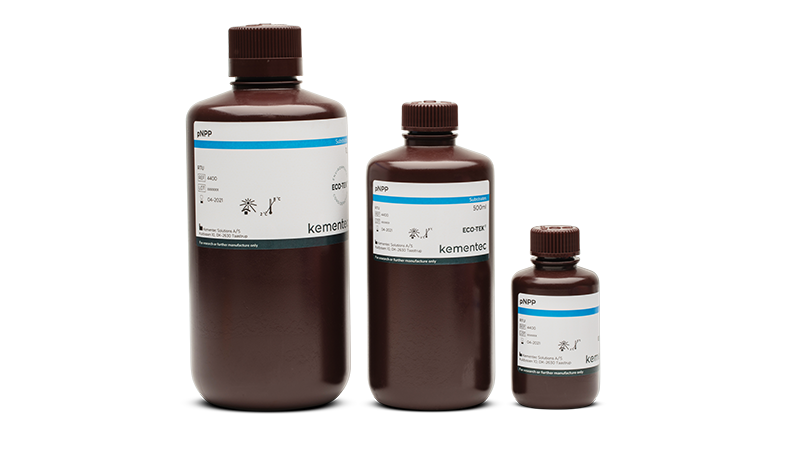 Three brown laboratory bottles in different sizes with Kementec Solutions pNPP Substrate