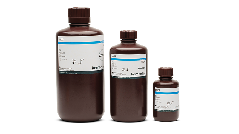Three brown laboratory bottles in different sizes with Kementec Solutions pNPP Substrate