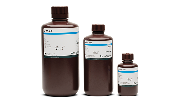 Three brown laboratory bottles in different sizes with Kementec Solutions pNPP ONE Substrate