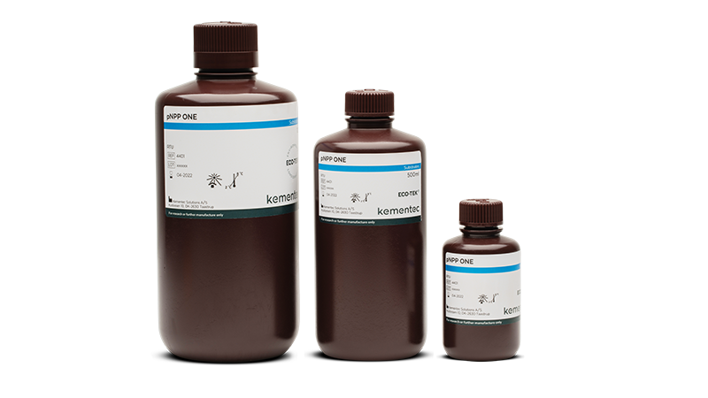 Three brown laboratory bottles in different sizes with Kementec Solutions pNPP ONE Substrate