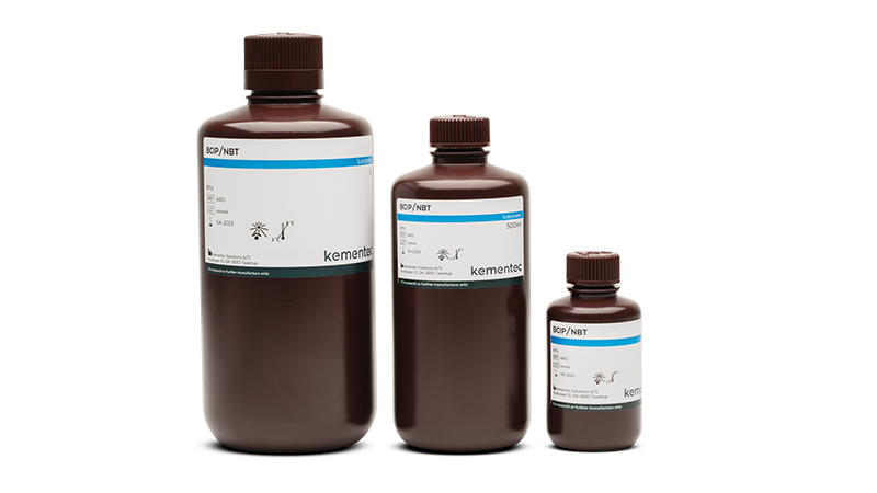 Three brown laboratory bottles in different sizes with Kementec Solutions BCIP NBT Substrate