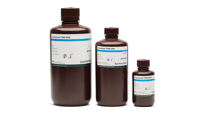 Three brown laboratory bottles in different sizes with Kementec Solutions TMB ONE-Prestained