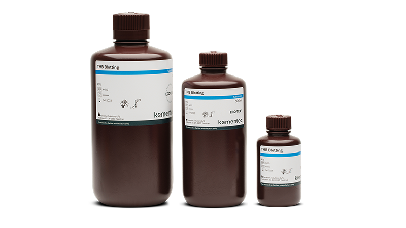 Three brown laboratory bottles in different sizes with Kementec Solutions TMB Blotting