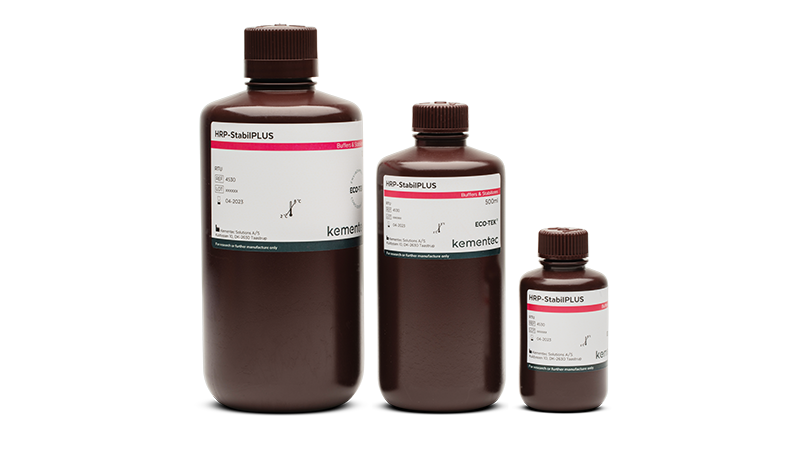 Three brown laboratory bottles in different sizes with Kementec Solutions HRP-StabilPLUS
