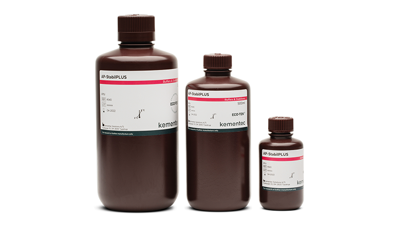 Three brown laboratory bottles in different sizes with Kementec Solutions AP-StabilPLUS