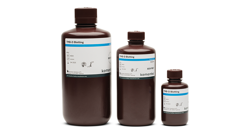 Three brown laboratory bottles in different sizes with Kementec Solutions TMB-D Blotting