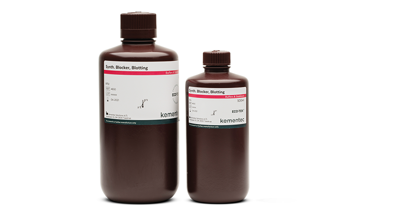 Two brown laboratory bottles in different sizes with Kementec Solutions Synthetic Blocking Buffer, Blotting