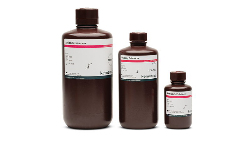 Three brown laboratory bottles in different sizes with Kementec Solutions Antibody Enhancer