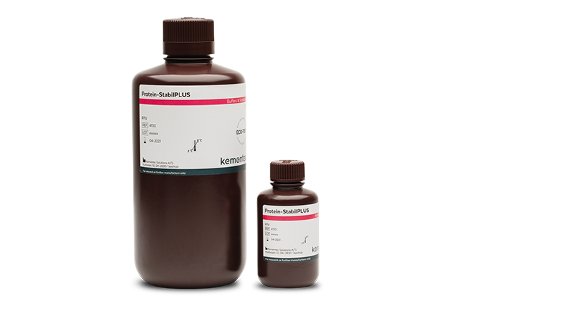 Two brown laboratory bottles in different sizes with Kementec Solutions Protein-StabilPLUS