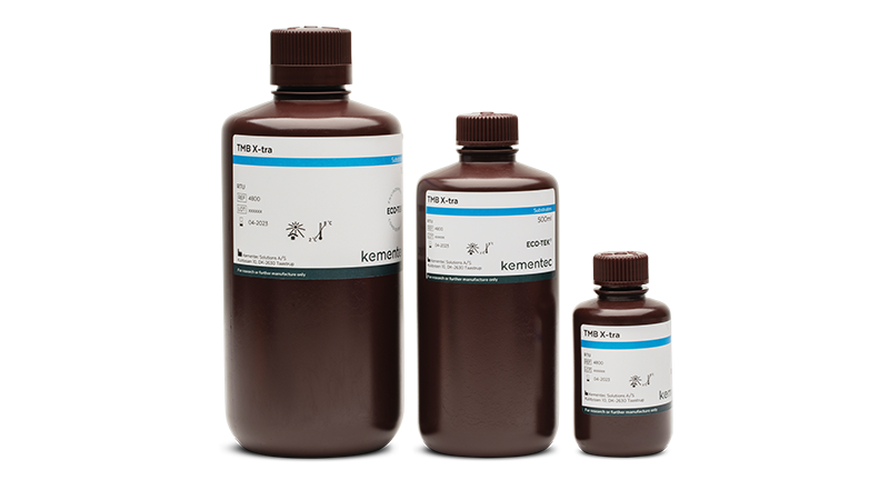 Three brown laboratory bottles in different sizes with Kementec Solutions TMB X-tra