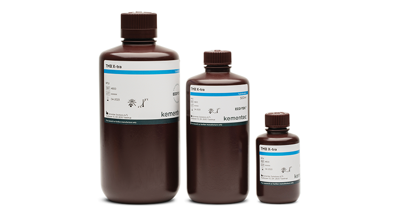 Three brown laboratory bottles in different sizes with Kementec Solutions TMB X-tra